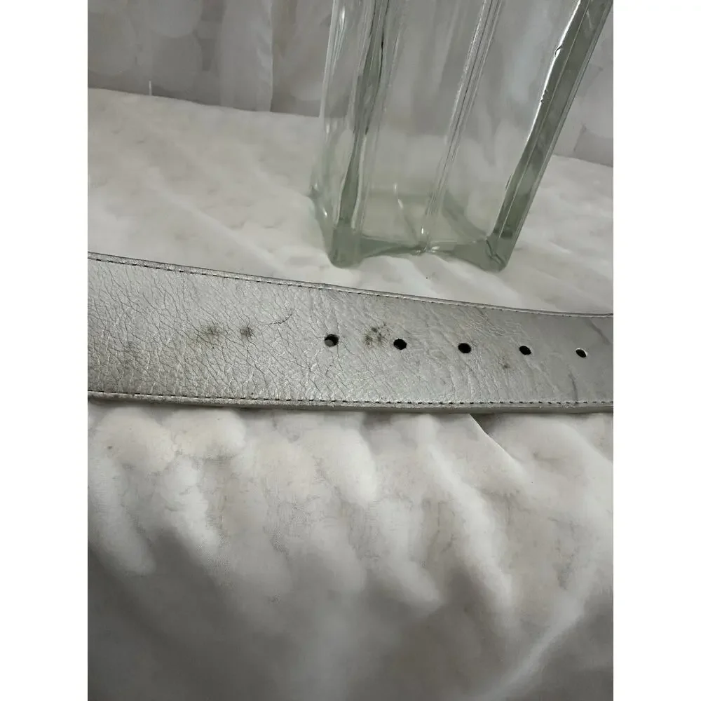 Chicos Silver Metallic White Fashion Belt Genuine Leather Medium Huge Buckle